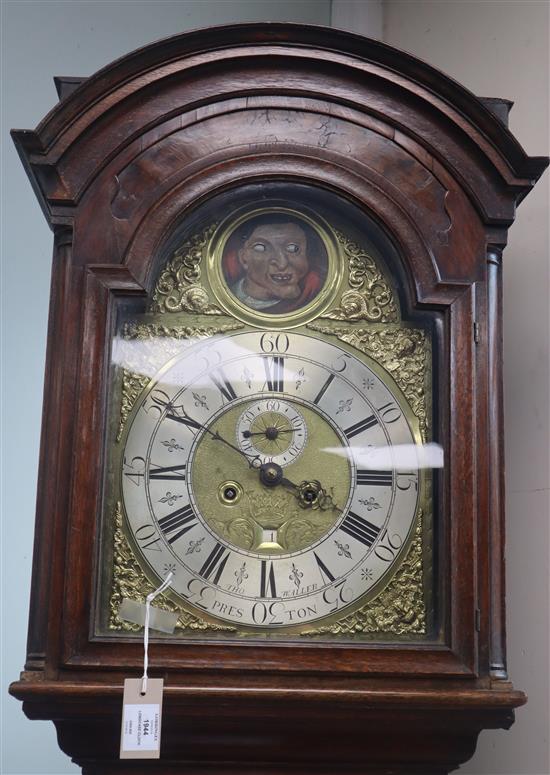 Thomas Waller, Preston. A late 18th century oak and mahogany crossbanded eight day longcase clock, H.230cm